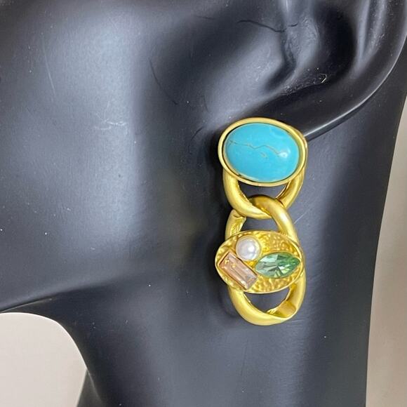 NEW Earrings Chunky Chain Blue Green Gold Dangle Drop O18 - Picture 2 of 4